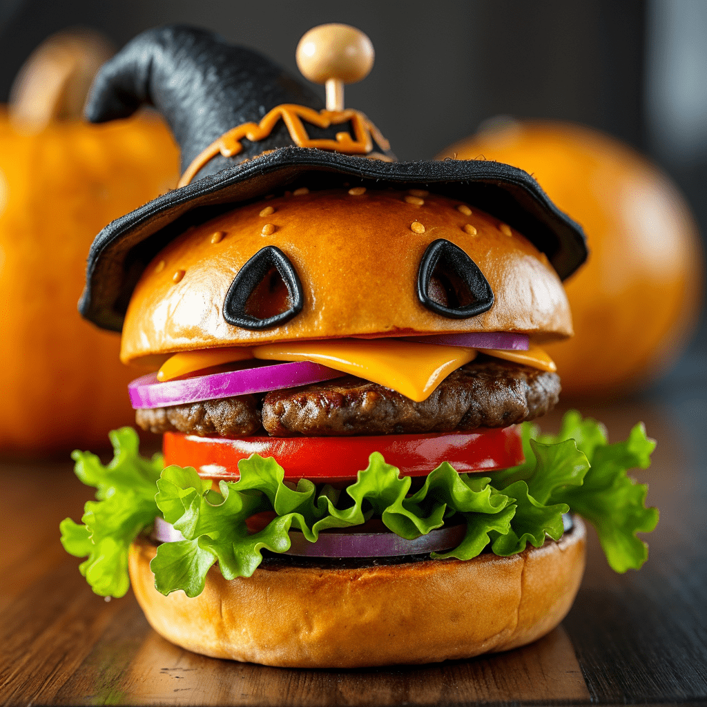 Een hamburger gedecoreerd in een halloween thema met pompoenen op de achtergrond.