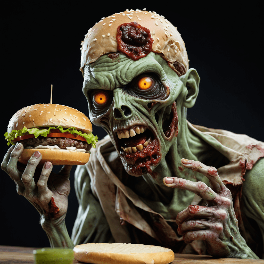 Een zombie die een hamburger broodje op zijn hoofd heeft en een hamburger in zijn hand heeft. Met zijn mond open.