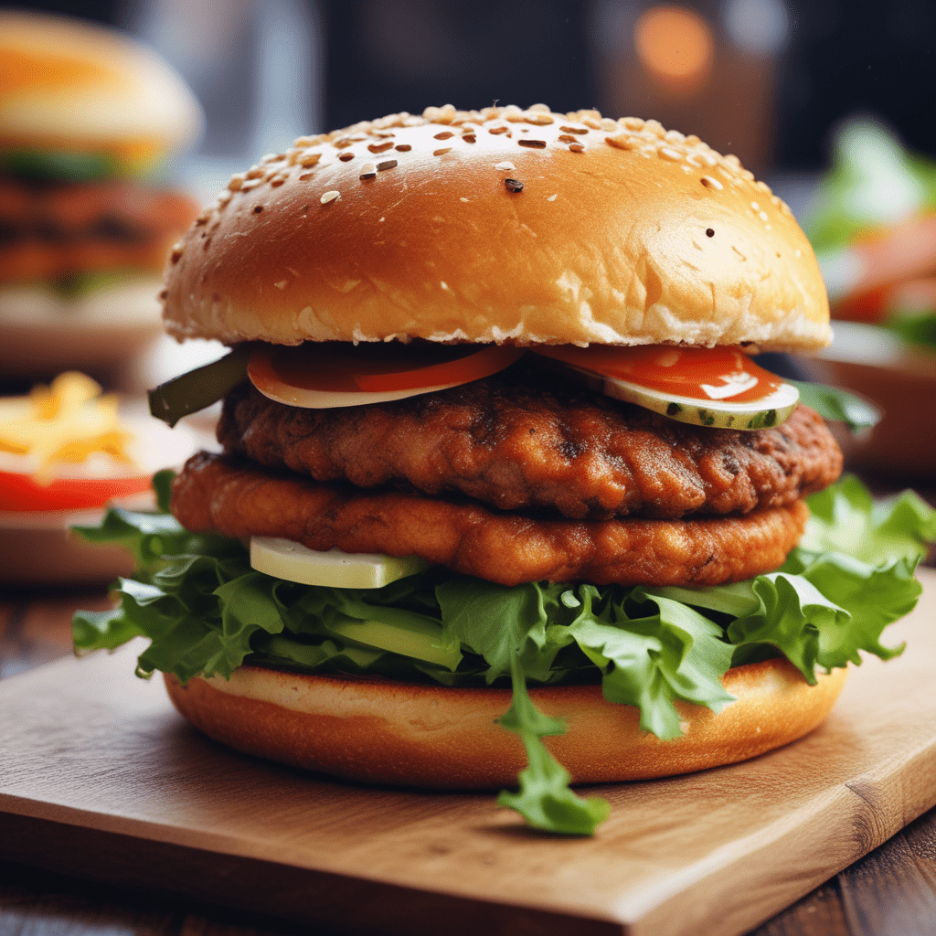 Een hamburger met 3 fried burger op elkaar en sla