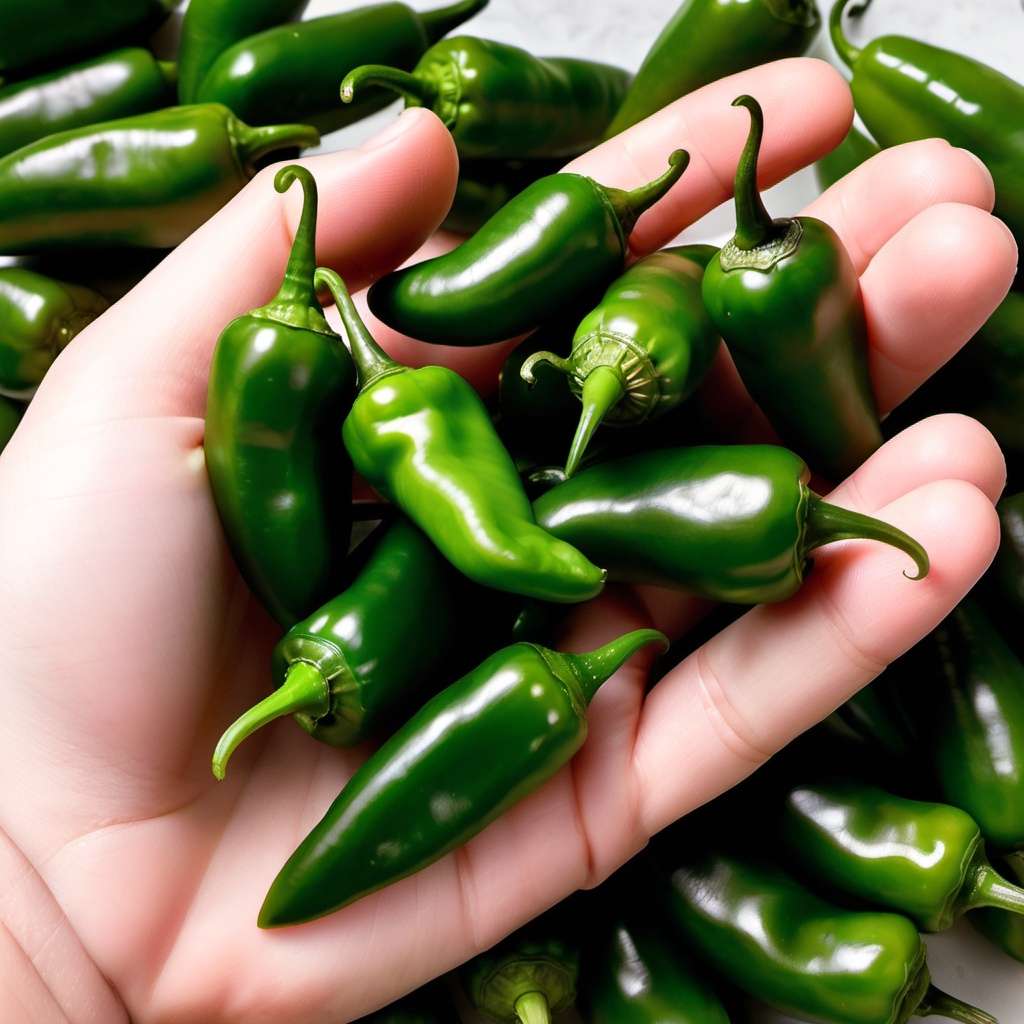 een blanke hand met acht jalapeno pepers in de hand. en onder de hand zijn er vijftig pepers op de achtergrond