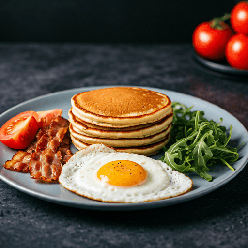 Een blauw bord met de ingrediënten voor de pannenkoeken hamburger 