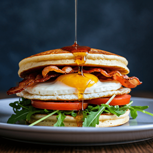 Een pannenkoeken hamburger met ei, tomaat, rucola, bacon en stroop wat uit de lucht komt vallen op de pannenkoeken